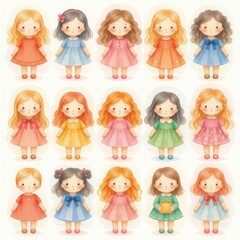 a collection of dolls, arranged in a 3x3 grid on a white background, watercolor style