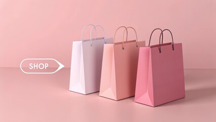 Soft hued shopping bags lying atop blush surface, signaling retail therapy and consumer excitement
