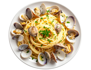  Modern Styled Linguine alle Vongole Nest with Clamshells Scattered, Angled Overhead View, Isolated