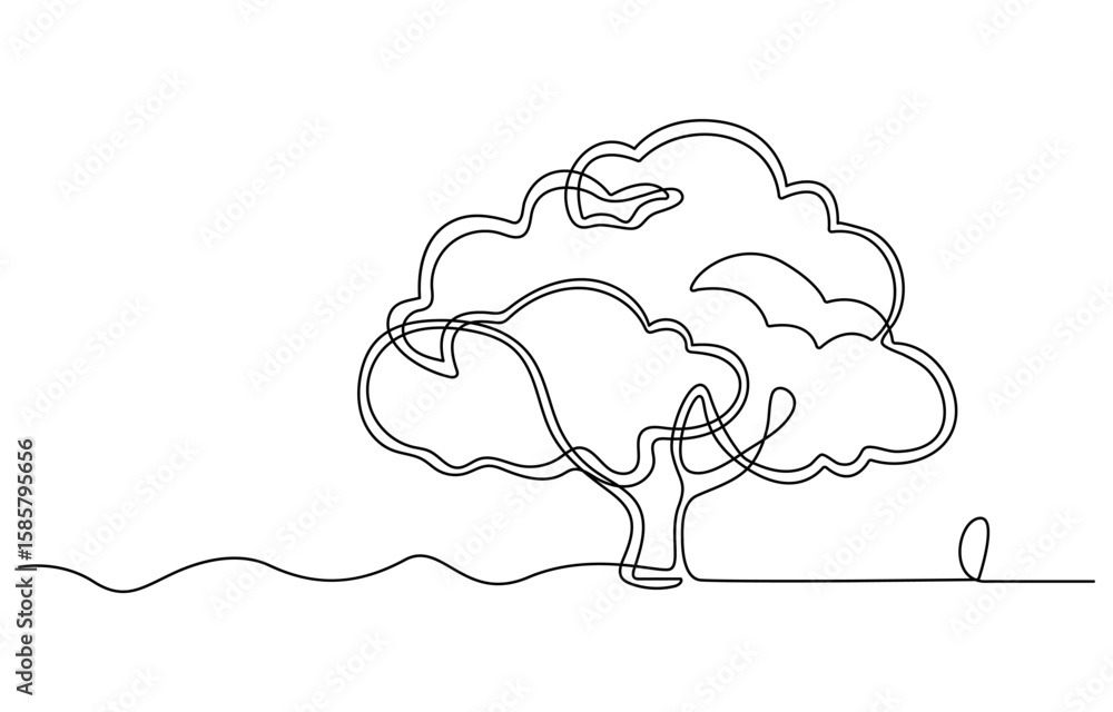 Poster continuous one line drawing of tree with the roots. big tree for green nature concept in single line