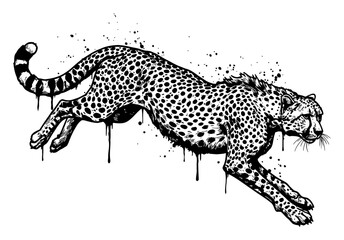 Cheetah Jumping Drip and Splat Abstract Surreal Paint Messy Black and White Outline Line Art Drawing