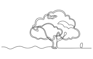 Continuous one line drawing of tree with the roots. Big Tree for green nature concept in single line draw illustration. Editable stroke.