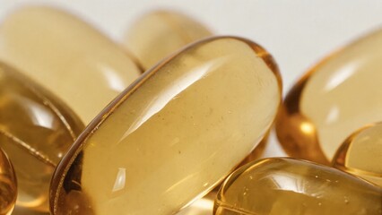 Golden fish oil capsules are creating a beautiful, reflective pattern on a clean white background, promoting health and wellness