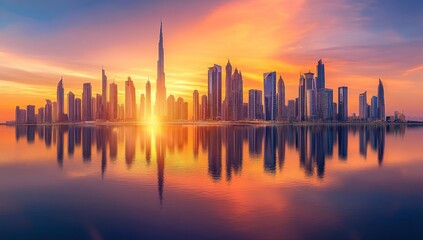 Obraz premium Dubai Skyline at Sunrise: A Golden Reflection