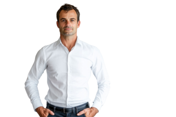 Full length business portrait of confident businessman. Entrepreneur in white shirt, Serious mid adult, mature age man standing, isolated on white background.