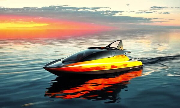 A yellow and black jet ski on calm water during a beautiful sunset with orange and pink hues in the sky and reflecting on the water.