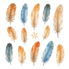 a collection of feathers, arranged in a 3x3 grid on a white background, watercolor style