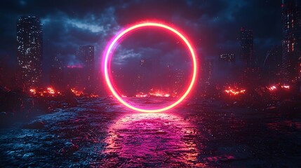 Neon circular progress ring in a futuristic cityscape
