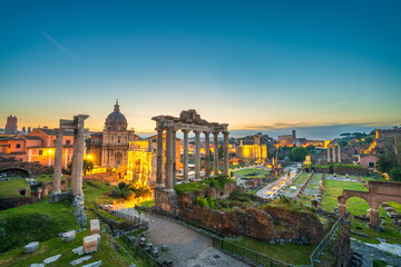 Naklejka premium Roman forum ruins at sunrise in Rome with Inscription 