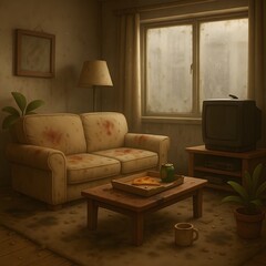 Cartoonish dirty, messy apartments with dramatic lighting