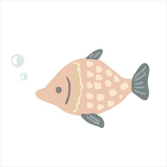 Cute hand-drawn pastel pink fish with bubbles, cozy aesthetic sea element.