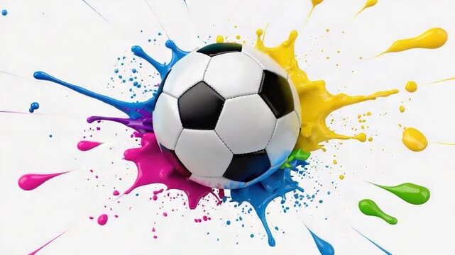 A soccer ball surrounded by vibrant paint splashes
