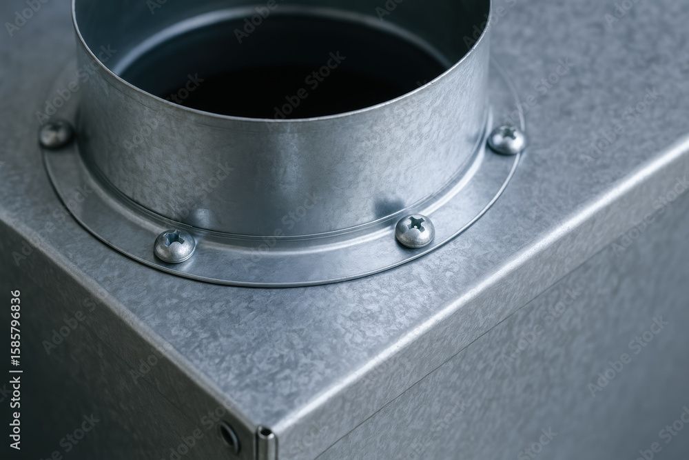 Aufkleber metal air duct component in engineering industry with screws fastening round duct to rectangular box