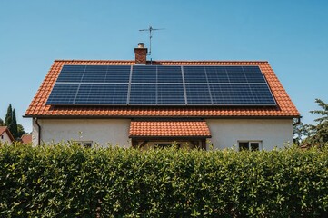 Solar panels installed on house roof perfect for green energy and eco-friendly living photography
