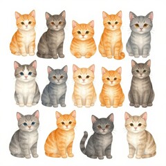 a collection of cats, arranged in a 3x3 grid on a white background, watercolor style