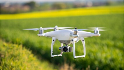 Quadcopter hovering above verdant farmland, capturing aerial perspective of cultivated crops and sweeping agricultural terrain
