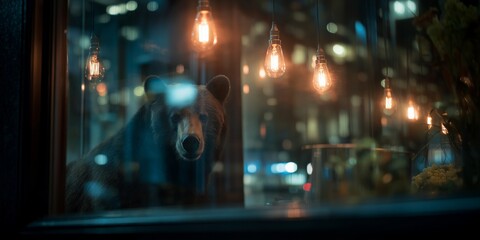 Obraz premium Urban Wildlife Bear Gazing Through City Window at Night Illuminated by Streetlights 