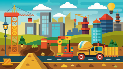 Vector art of a vibrant construction site with cranes, trucks, and buildings under development