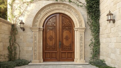 Intricate carvings adorn a grand wooden door set within a beautifully crafted stone archway, evoking timeless elegance and sophistication