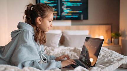 Focused teen girl coding on a laptop in a stylish modern bedroom. Empowering and tech-savvy—ideal for STEM education, remote learning, Gen Z tech culture, and youth digital creativity.
 - Powered by Adobe