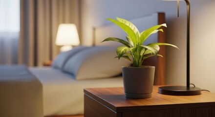 Potted plant graces a bedside table creating a peaceful indoor bedroom scene with a soft glow from a nearby lamp at nighttime