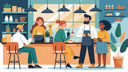 Vector art of a group of diverse people enjoy coffee and conversation at a trendy coffee shop with friendly baristas