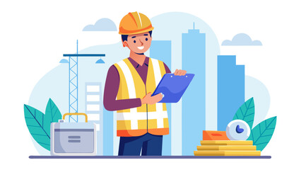 Vector art of a construction manager with a clipboard and financial documents at a building site