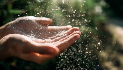 Fototapeta premium Hands Gently Holding and Releasing Sand Particles Against Sunlit Greenery Background