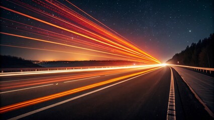 Long exposure of highway with light trails under a starry night sky creating a sense of speed and motion