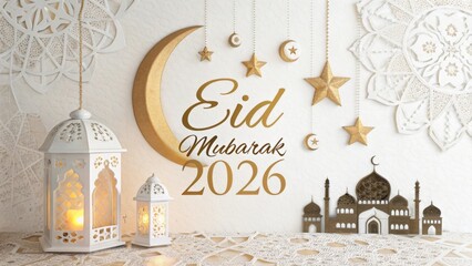 Featuring a golden crescent moon and twinkling stars, a mosque silhouette and white lanterns celebrate Eid Mubarak in 2026