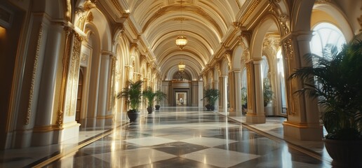 Opulent Grand Hallway: A Golden Palace Interior