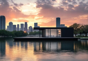 Modern Lakeside House at Sunset with City Skyline