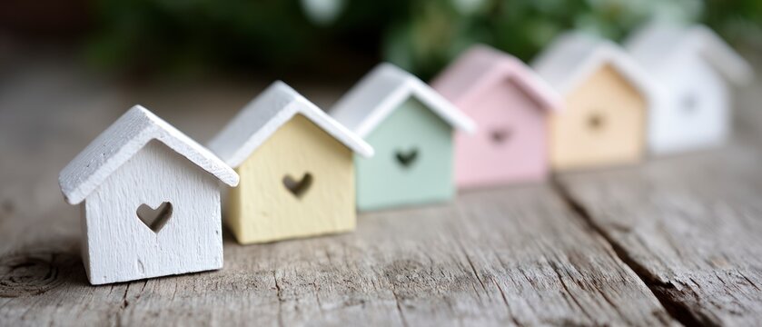 Row of pastel colored miniature wooden houses with heart cutouts on rustic wood surface