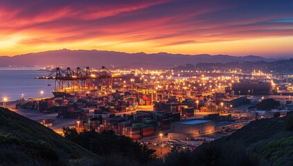 Golden Hour at the Port: A Panoramic View of Container Terminal at Sunset