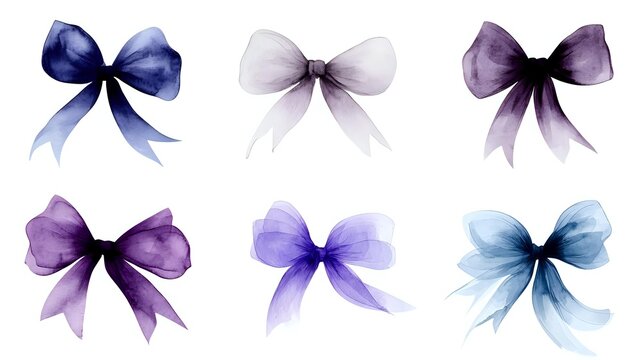 Delicate watercolor bows in shades of purple and blue on white background, isolated elements for decoration and design projects. Gentle transparent ribbons.