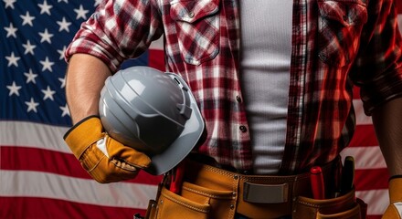 Construction worker holds a helmet in front of an american flag