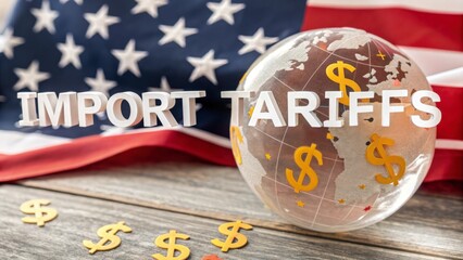 US flag overlaying transparent world map, dollar symbols highlighting international trade tensions, depicting economic conflict and global commerce challenges