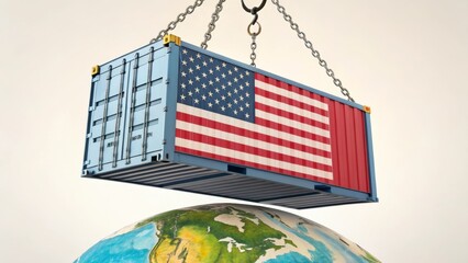 Cargo shipping container with US flag suspended above world globe, symbolizing international trade, global logistics, and interconnected transportation networks