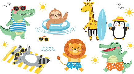 Cartoon animals enjoy summer vacation with beach and water activities