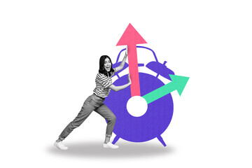 Creative composite sketch artwork collage of young lady stand smile push arrow clock deadline aim...