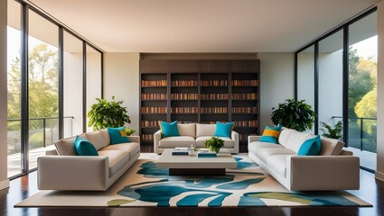 High dynamic range hdr photography showcasing elegant exterior details of modern luxury house with warm interior lights and lush landscaping captured at twilight, living room