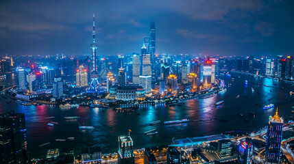 Dramatic Hong Kong skyline at night featuring illuminated skyscrapers reflected in harbor waters with vibrant neon lights and urban glow