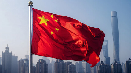 A vibrant red Chinese flag waves vigorously against a bright blue sky, with the modern metropolis skyline and stylized skyscrapers blurred in the distant background.