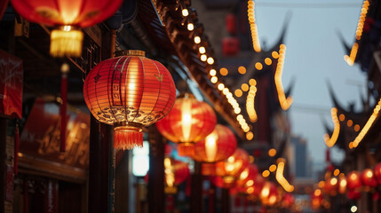 Traditional red Chinese lanterns illuminating a bustling street market during evening hours with warm golden lighting creating festive atmosphere