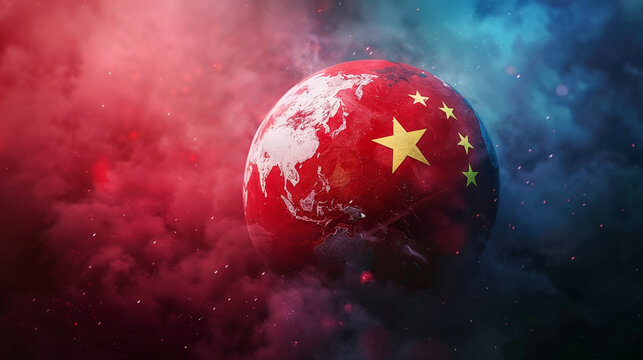 Global influence of China depicted by an earth globe with the Chinese flag amidst a powerful, transformative atmosphere with fog. Rotation of the planet.