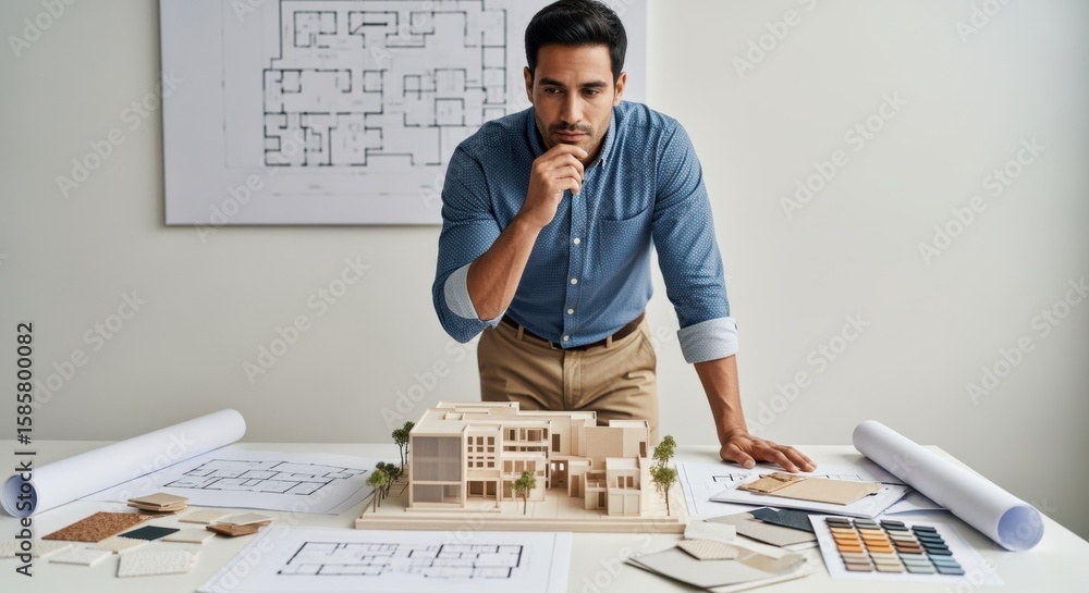 Poster professional studying physical architectural model with layout drawings and textures.