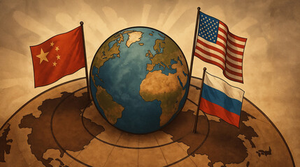 Global geopolitical tension with the flags of China, the USA, and Russia prominently displayed around a rotating globe set against an aged map background with sun rays, symbolizing international power