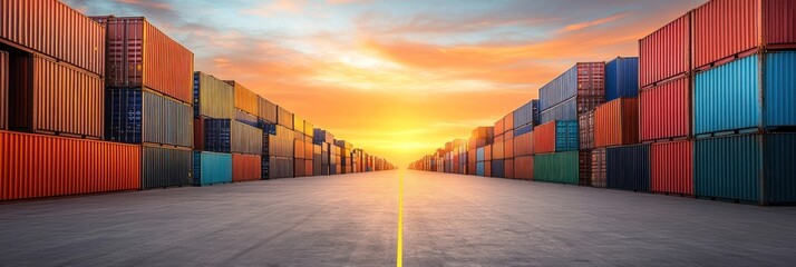 Fototapeta premium Global Trade and Logistics: Sunset over Container Port