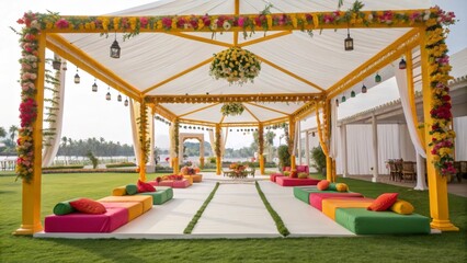 Vibrant outdoor wedding venue decorated with colorful flowers and cushions, creating a festive atmosphere for the ceremony