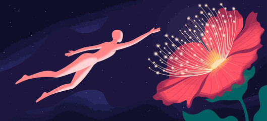 An ethereal image of a human figure floating toward an enchanting flower, symbolizing aspiration and connection with nature in a beautifully illustrated cosmic backdrop.